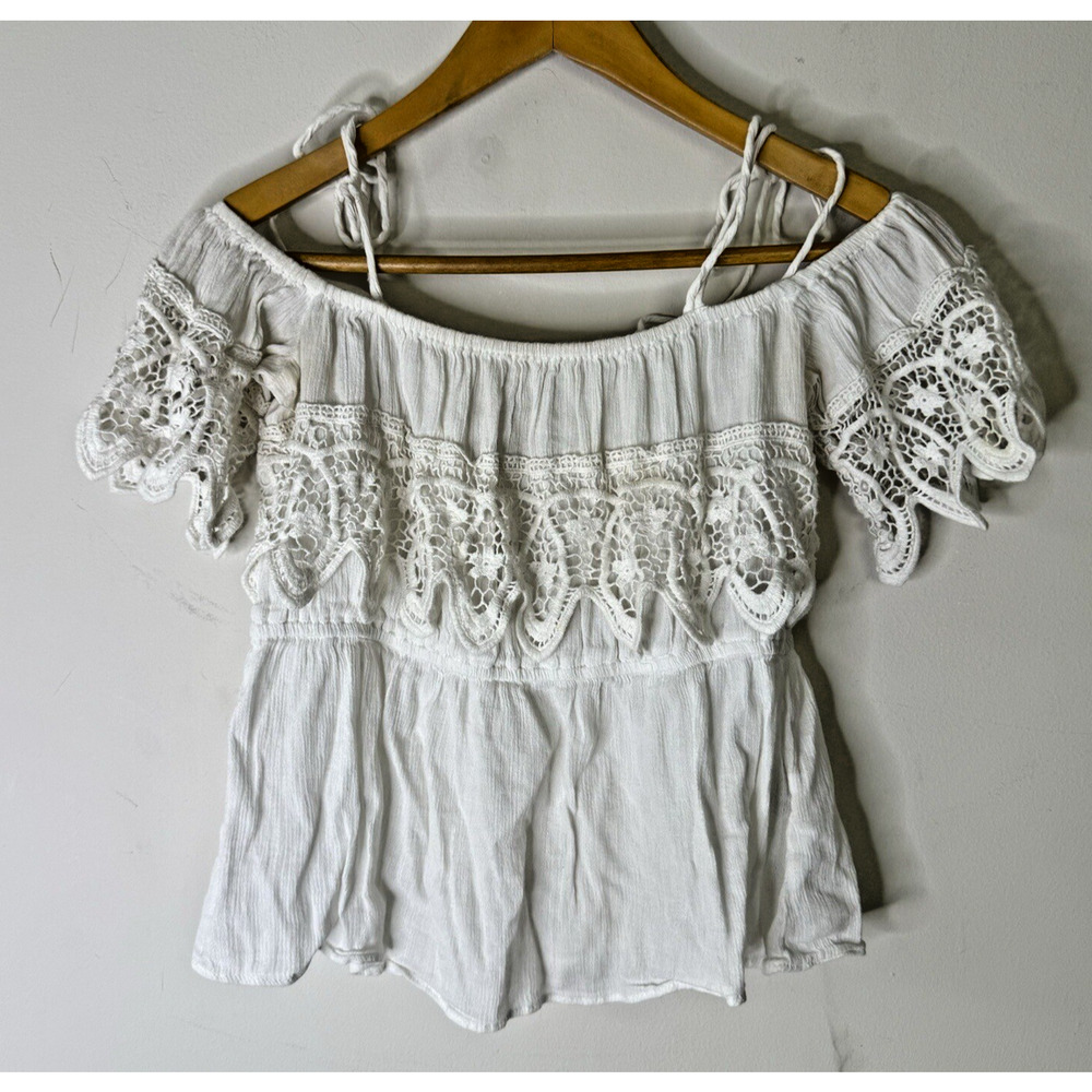 Vintage Ralph Lauren Denim & Supply White Cotton Milkmaid Top Crochet Romantic S